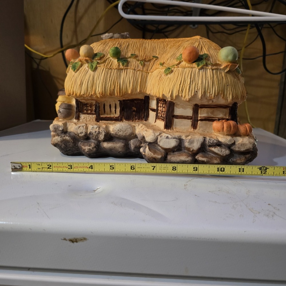 Unique OOAK Large Thatched Roof House Piggy Bank VTG Cottage Chimney Barrel Rock